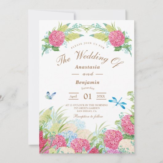 Pink Hydrangea Elegant Floral Wedding Invitation Kaart (Voorkant)