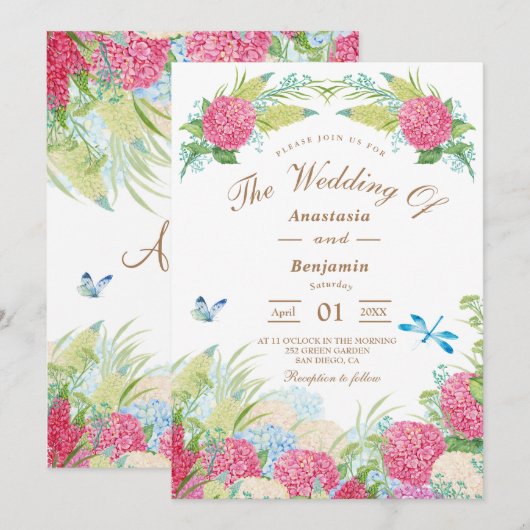 Pink Hydrangea Elegant Floral Wedding Invitation Kaart (Voorkant / Achterkant)