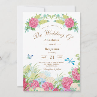 Pink Hydrangea Elegant Floral Wedding Invitation Kaart