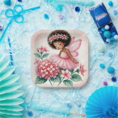 Pink Hydrangea Fairy Black Girl Watercolor Papieren Bordje (Feest)