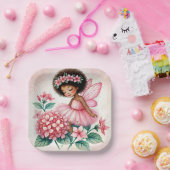 Pink Hydrangea Fairy Black Girl Watercolor Papieren Bordje (Feest)