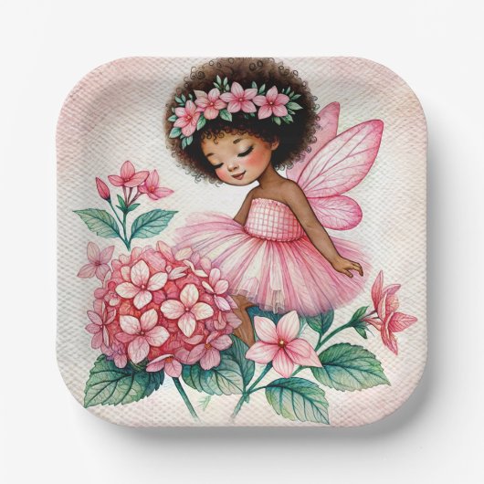 Pink Hydrangea Fairy Black Girl Watercolor Papieren Bordje (Voorkant)
