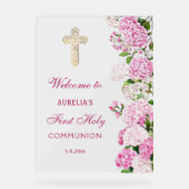 Pink Hydrangea First Communion Welcome Acryl Bord (Voorkant)