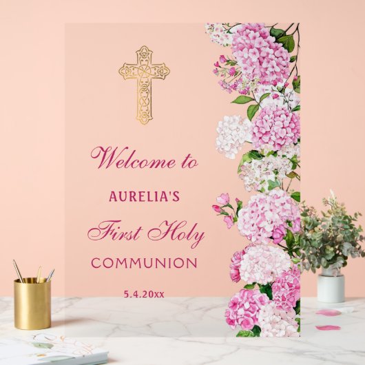 Pink Hydrangea First Communion Welcome Acryl Bord (Huwelijk)