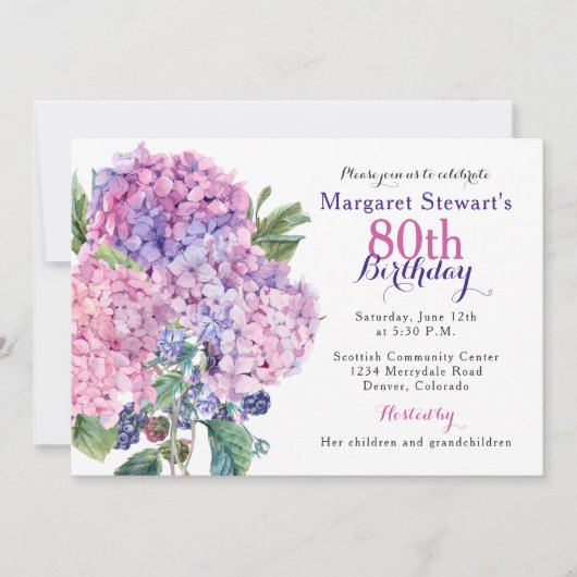 Pink Hydrangea Floral 80th Birthday Invite Kaart (Voorkant)