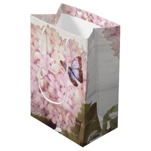 Pink Hydrangea Floral Butterfly Flower Script Art Medium Cadeauzakje (Voorkant Gekanteld)