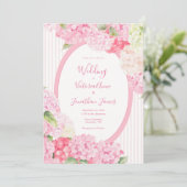 Pink Hydrangea Floral Stripe Wedding Invitation Kaart (Staand voorkant)