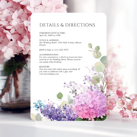 Pink Hydrangea Flowers Watercolor Elegant Wedding Informatiekaartje