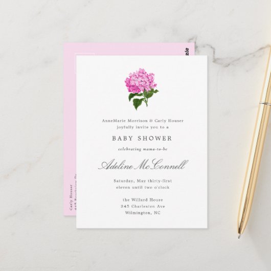 Pink Hydrangea Grandmillennial Baby shower Briefkaart (Voorkant / Achterkant in situ)