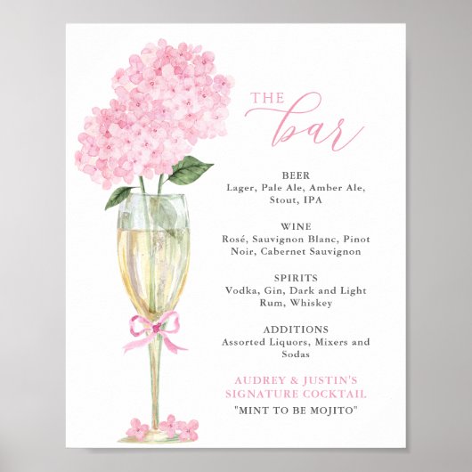 Pink Hydrangea in Gold Glass Bar Menu Poster (Voorkant)