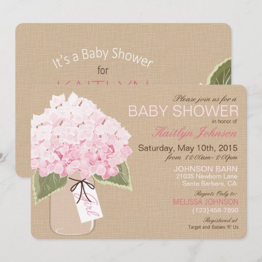 Pink Hydrangea Mason Jar Rustic Baby shower Kaart (Voorkant / Achterkant)