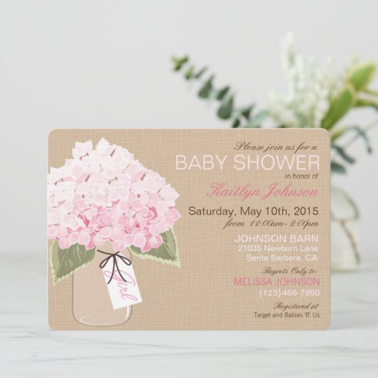 Pink Hydrangea Mason Jar Rustic Baby shower Kaart (Staand voorkant)