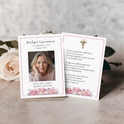Pink Hydrangea Memorial Photo Prayer Card Visitekaartje