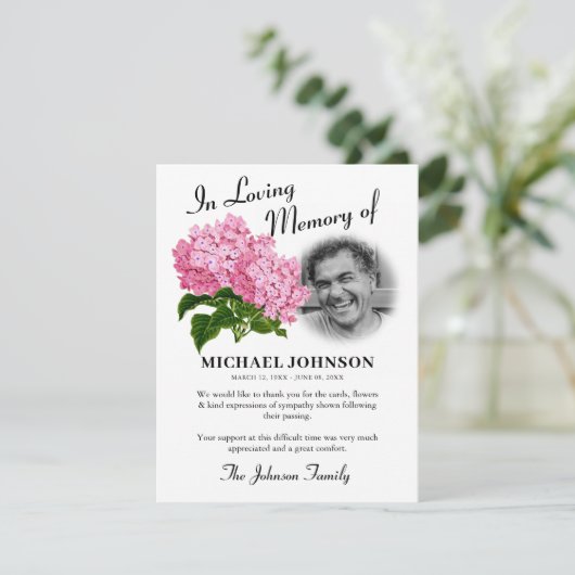 Pink Hydrangea Photo Funeral Bedankkaart (Staand voorkant)