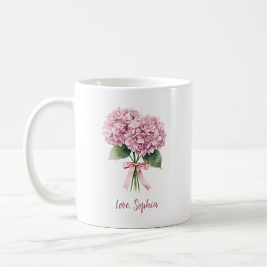 Pink Hydrangea Spring Flower Floral Custom Name Koffiemok (Links)