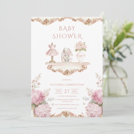 Pink Hydrangea Vintage Baby Shower Invitation Kaart (Staand voorkant)