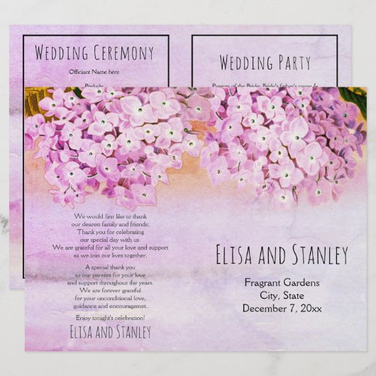 Pink hydrangea waterverf bruiloft gevouwen program (Voorkant / Achterkant)