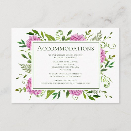 Pink Hydrangea Wedding Informatiekaartje (Voorkant)