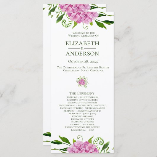 Pink Hydrangea Wedding Programmakaart (Voorkant / Achterkant)