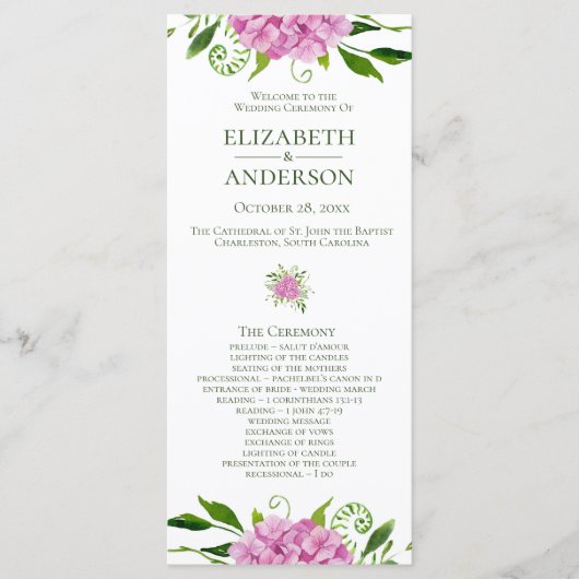 Pink Hydrangea Wedding Programmakaart (Voorkant)