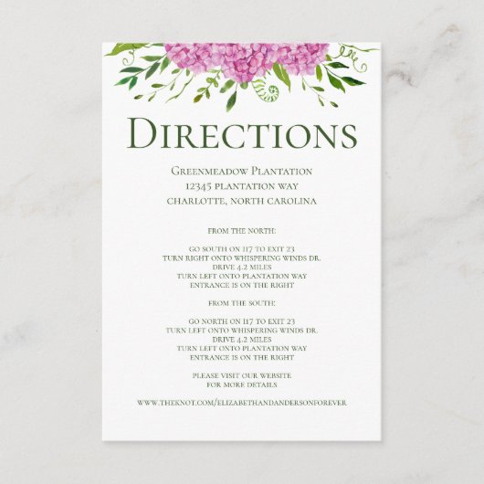 Pink Hydrangea Wedding Routebeschrijving Informatiekaartje (Voorkant)