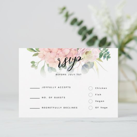 Pink Hydrangea Wedding RSVP Kaartje (Staand voorkant)