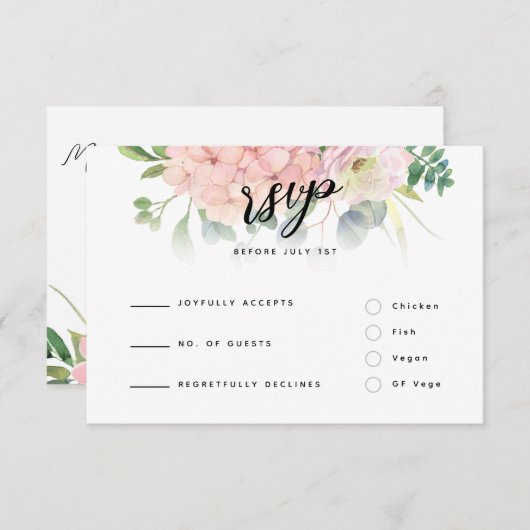 Pink Hydrangea Wedding RSVP Kaartje (Voorkant / Achterkant)