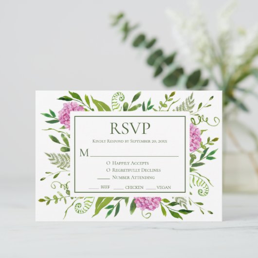 Pink Hydrangea Wedding RSVP Kaartje (Staand voorkant)