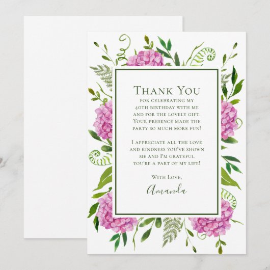 Pink Hydrangeas 40th Birthday  Bedankkaart (Voorkant / Achterkant)