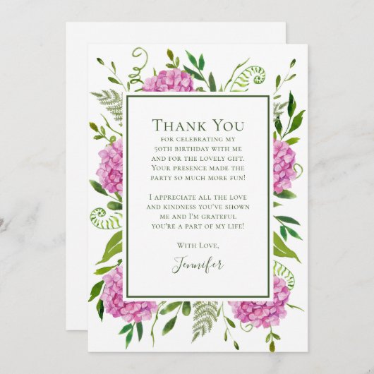 Pink Hydrangeas 50th Birthday Bedankkaart (Voorkant / Achterkant)