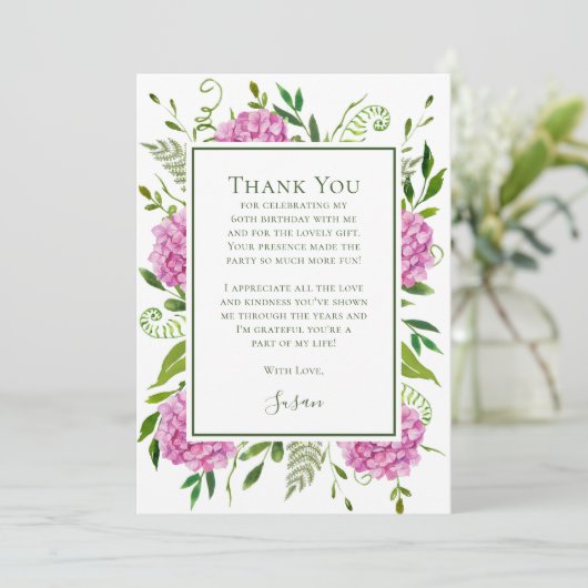 Pink Hydrangeas 60th Birthday  Bedankkaart (Staand voorkant)