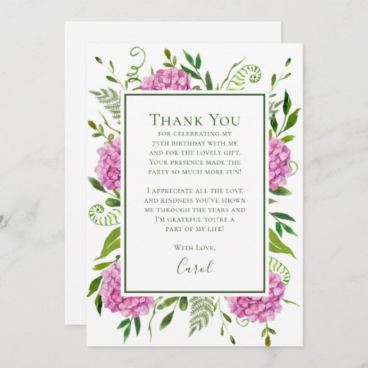Pink Hydrangeas 75th Birthday Bedankkaart (Voorkant / Achterkant)