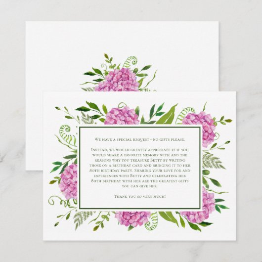 Pink Hydrangeas 80th Birthday Card Request Informatiekaartje (Voorkant / Achterkant)