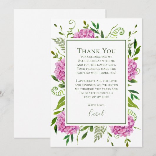 Pink Hydrangeas 85th Birthday Bedankkaart (Voorkant / Achterkant)