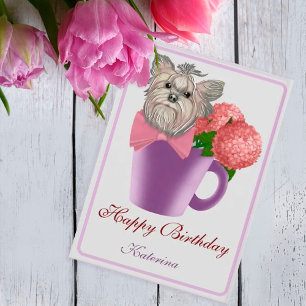 Pink Hydrangeas and Yorkshire Terrier Birthday Aankondiging