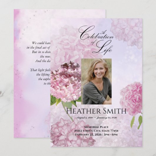 Pink Hydrangeas Celebration of Life Funeral Kaart (Voorkant / Achterkant)