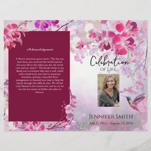 Pink Hydrangeas Hummingbird Funeral Programme Flyer (Voorkant)