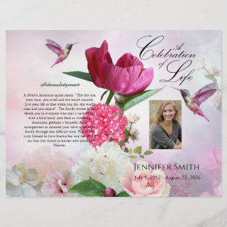 Pink Hydrangeas Hummingbird Funeral Programme Flyer