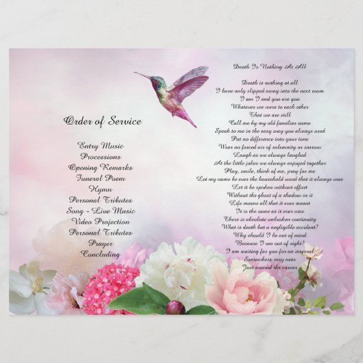 Pink Hydrangeas Hummingbird Funeral Programme Flyer (Achterkant)