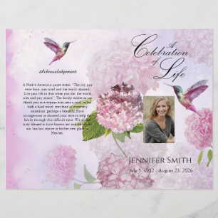 Pink Hydrangeas Hummingbird Funeral Programme Flyer