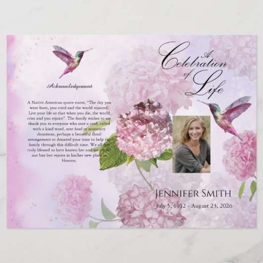 Pink Hydrangeas Hummingbird Funeral Programme Flyer (Voorkant)