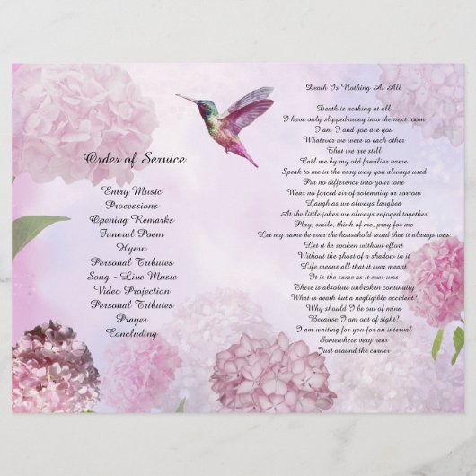 Pink Hydrangeas Hummingbird Funeral Programme Flyer (Achterkant)