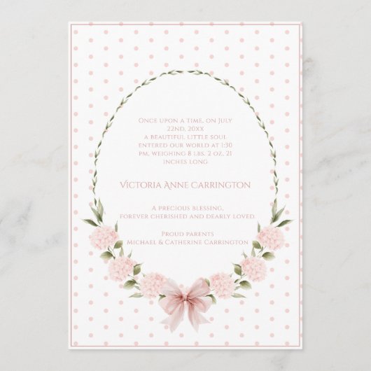 Pink Hydrangeas Vintage Birth Announcement Kaart (Achterkant)