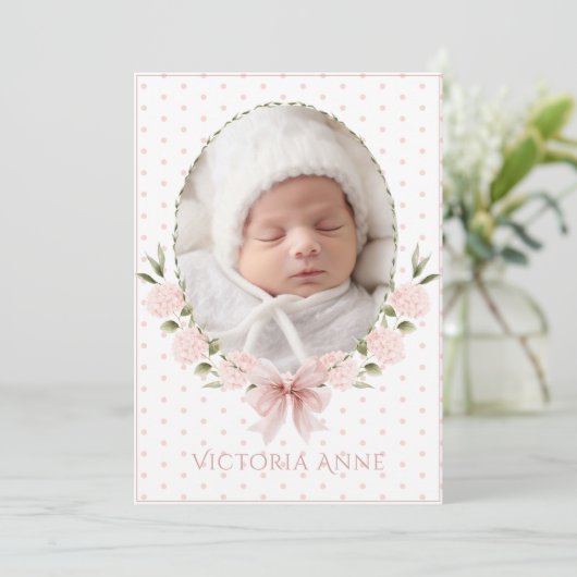 Pink  Hydrangeas Vintage Birth Announcement Kaart (Staand voorkant)