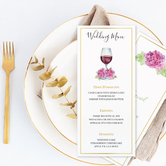 Pink Hydrangeas Wine Glass Wedding Flat Menu