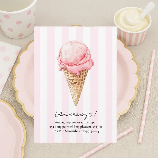Pink Ice Cream Cone Birthday | Editable Summer Kaart