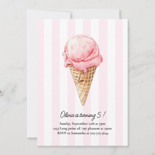 Pink Ice Cream Cone Birthday | Editable Summer Kaart (Voorkant)