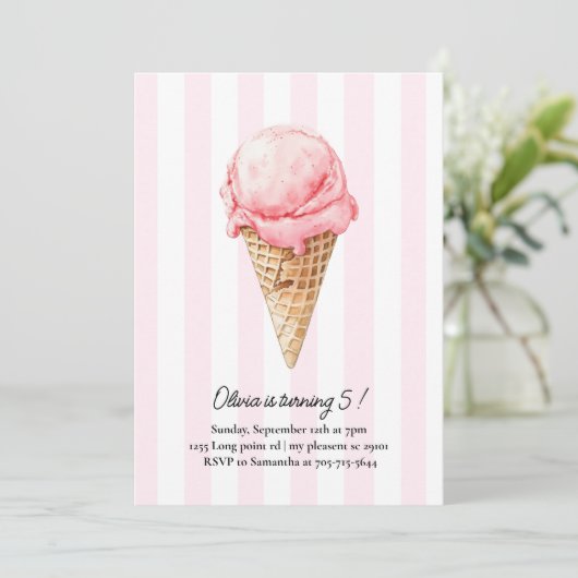 Pink Ice Cream Cone Birthday | Editable Summer Kaart (Staand voorkant)