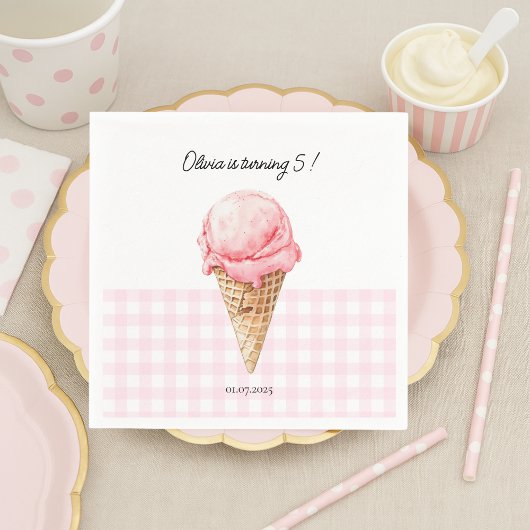 Pink Ice Cream Cone Birthday Napkin | Personalized Servet