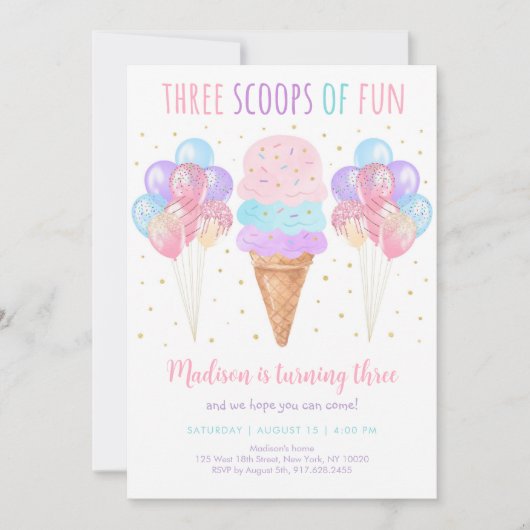Pink Ice Cream Drie Scoops van Fun Verjaardag Kaart (Voorkant)
